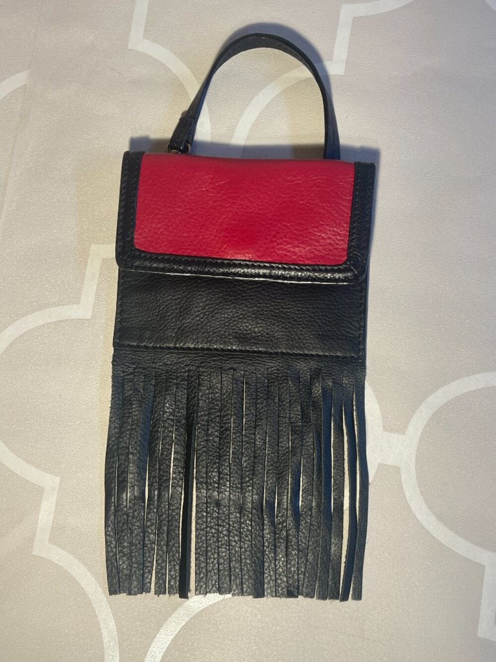 Vintage Isabella Fiore Mini Fringe Flap Bag – Black & Red Leather Boho Shoulder